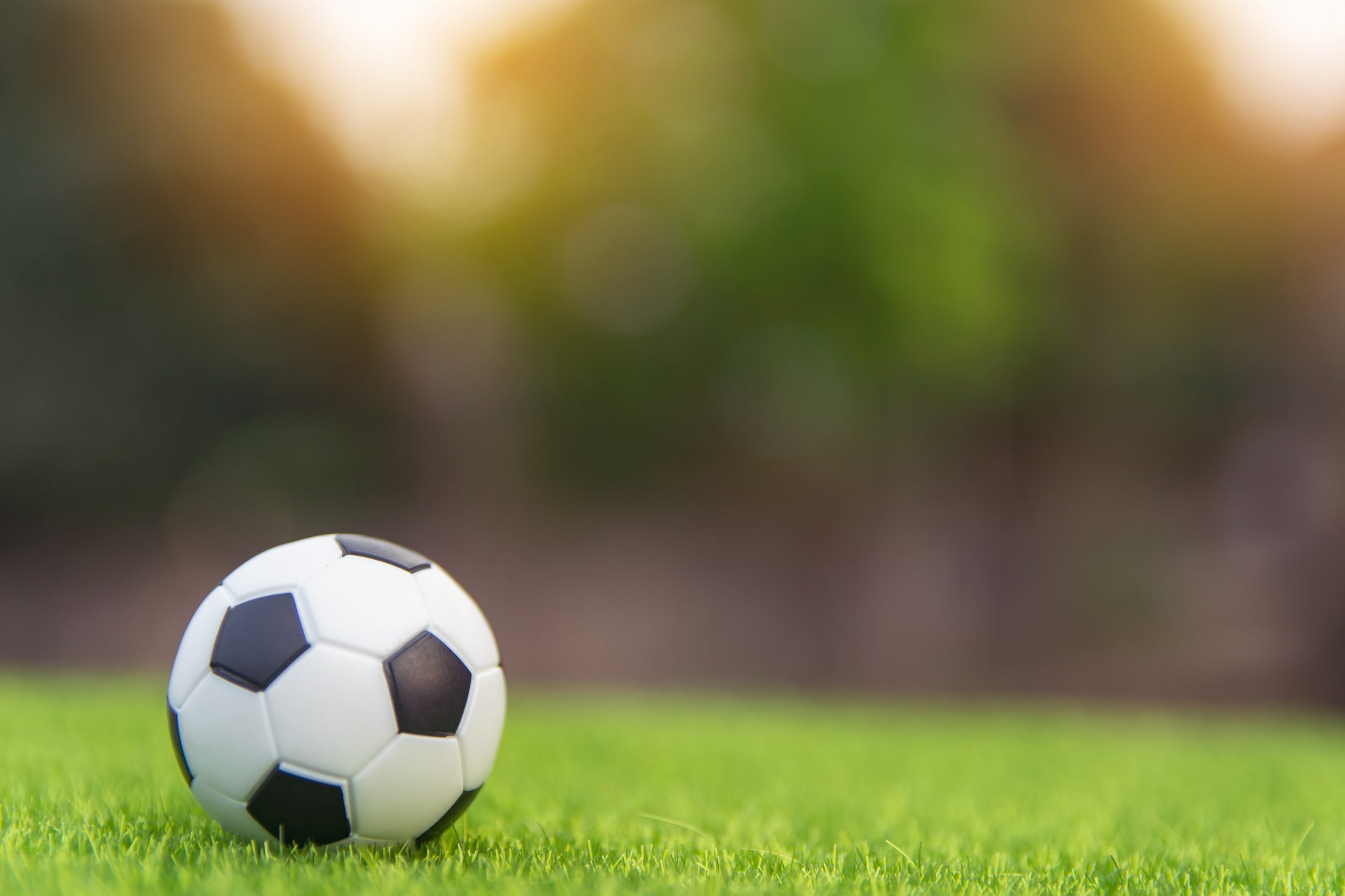 A soccer ball sits in a green field