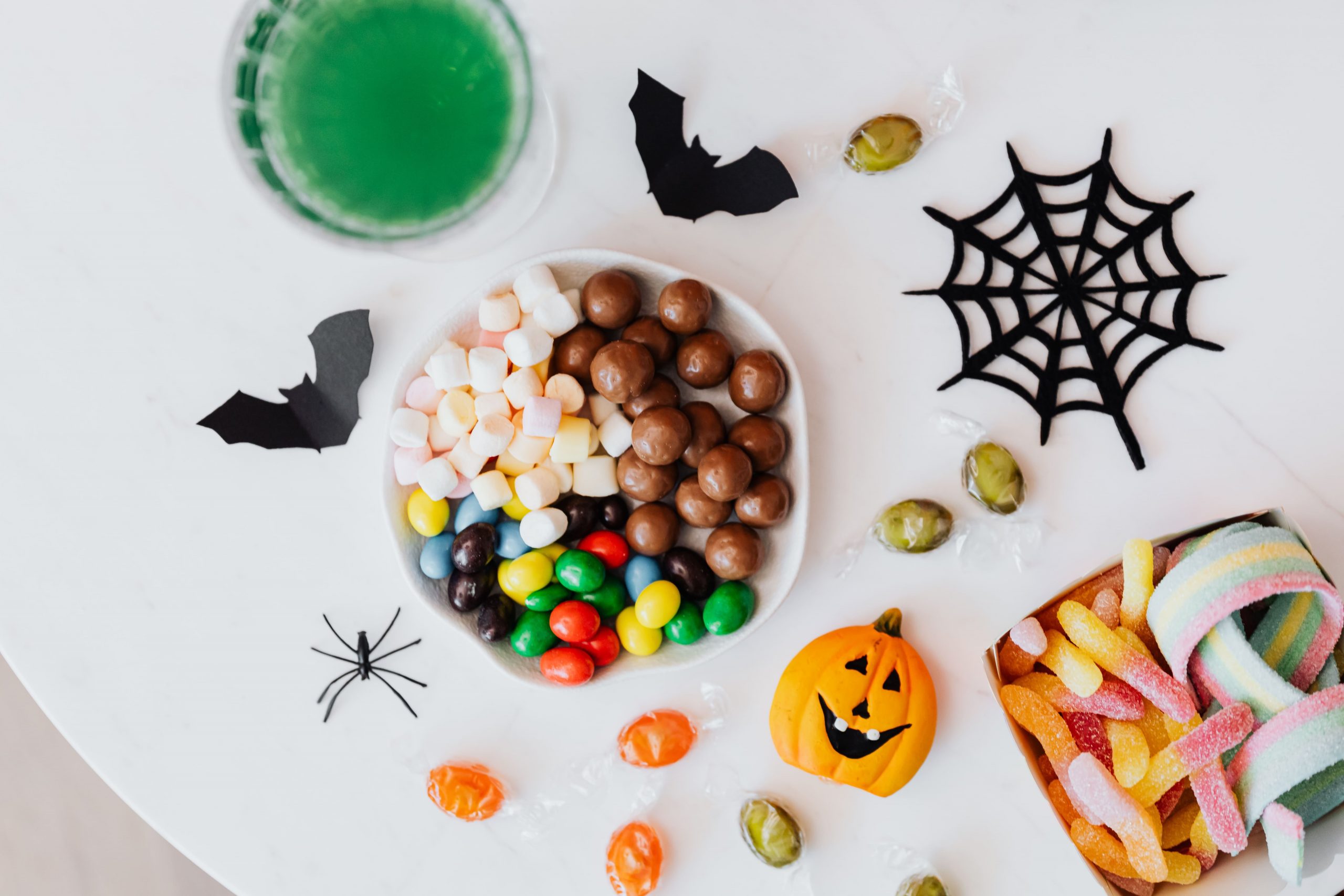 Halloween candy on a white table