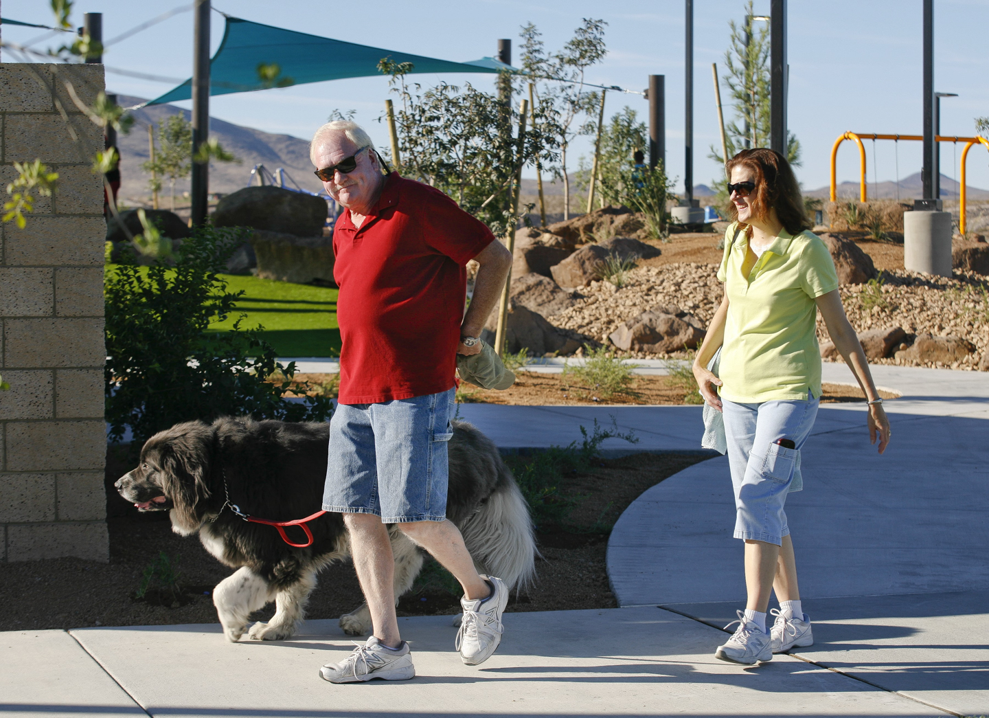 couple walking large dog in park