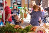 boy looking at carrots at farmers market