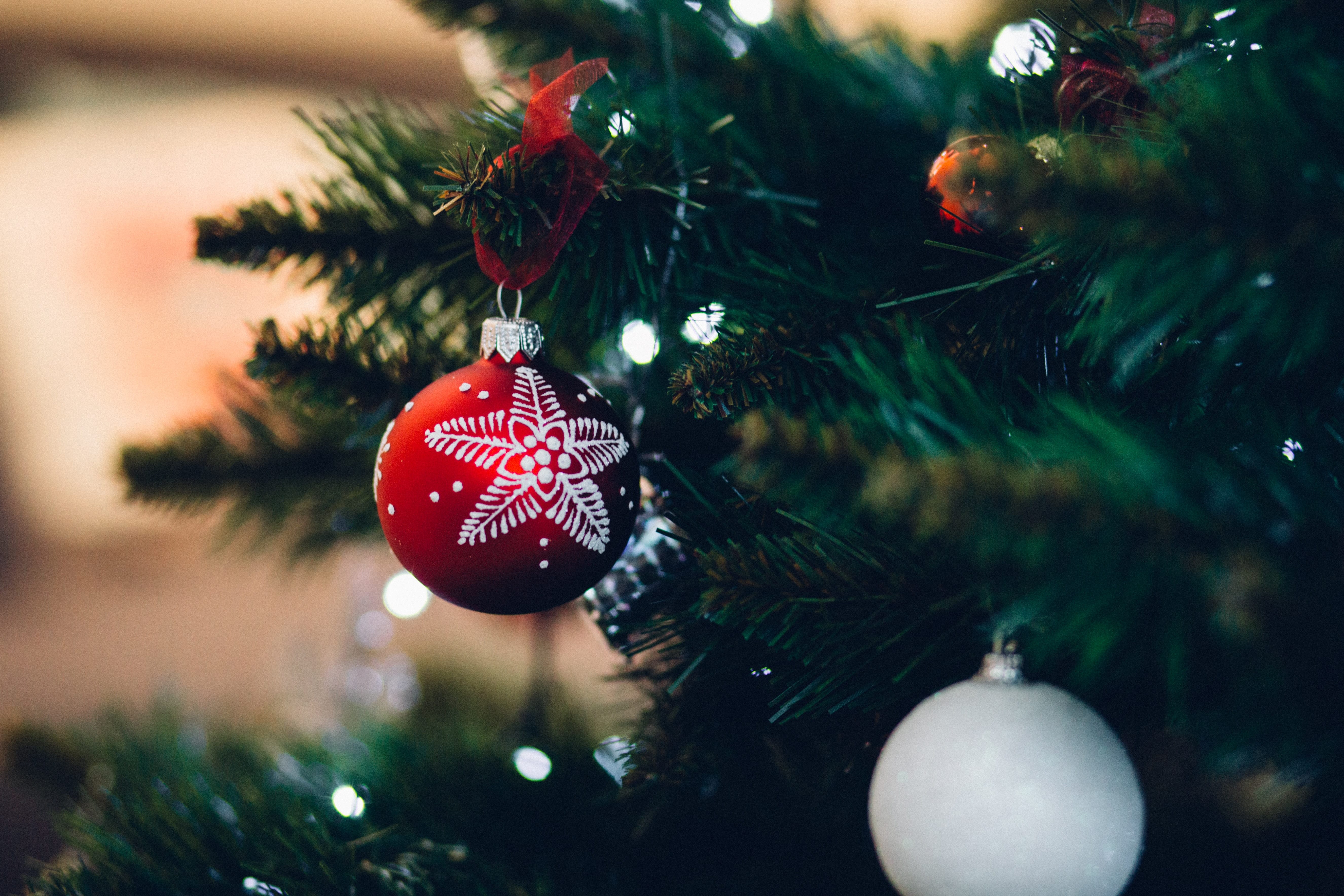 A red and white ornament hang on a Christmas tree.