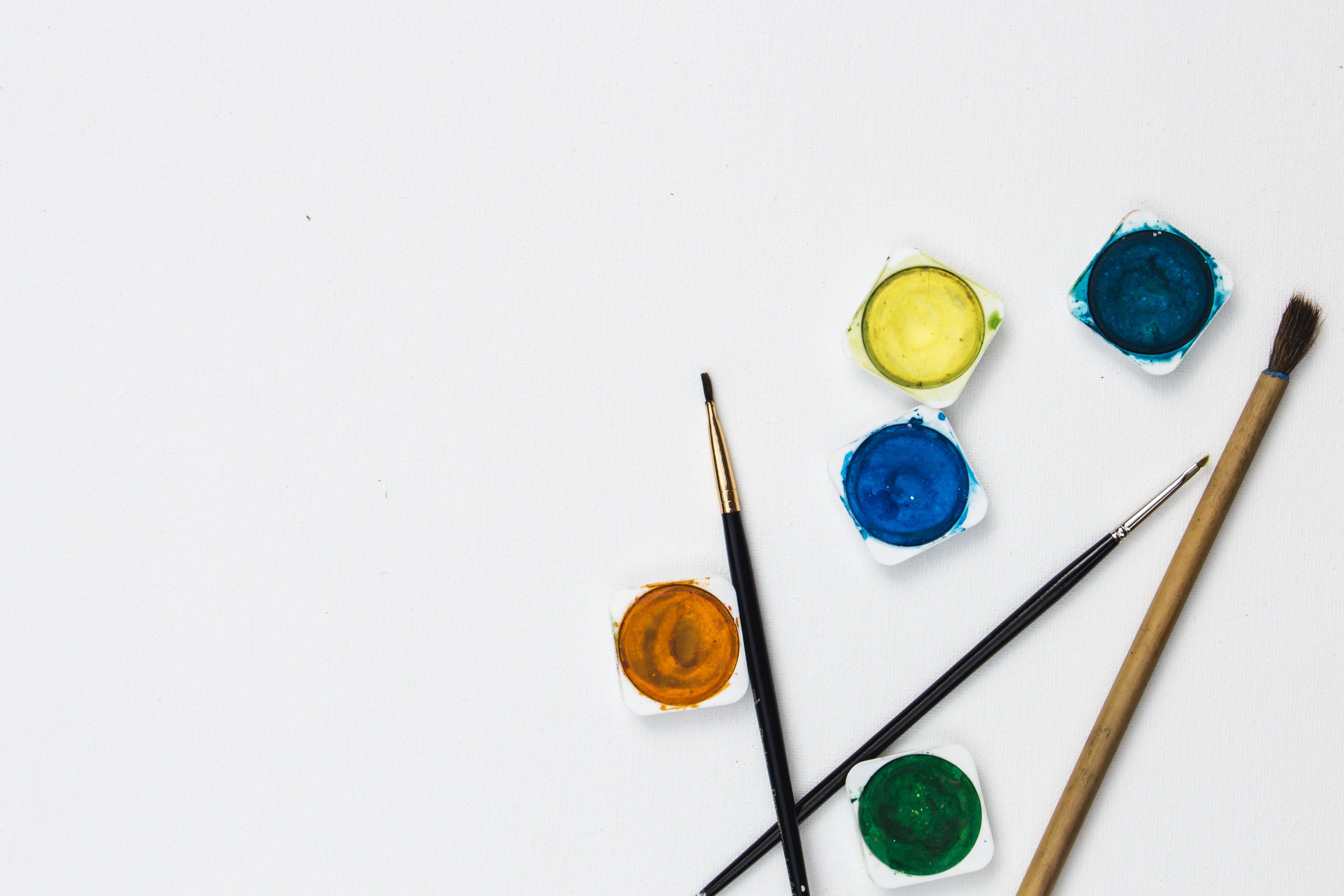 Different colors of paint and paint brushes on a white background