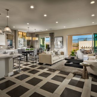 Great room with bold, checkered flooring and open floor plan.