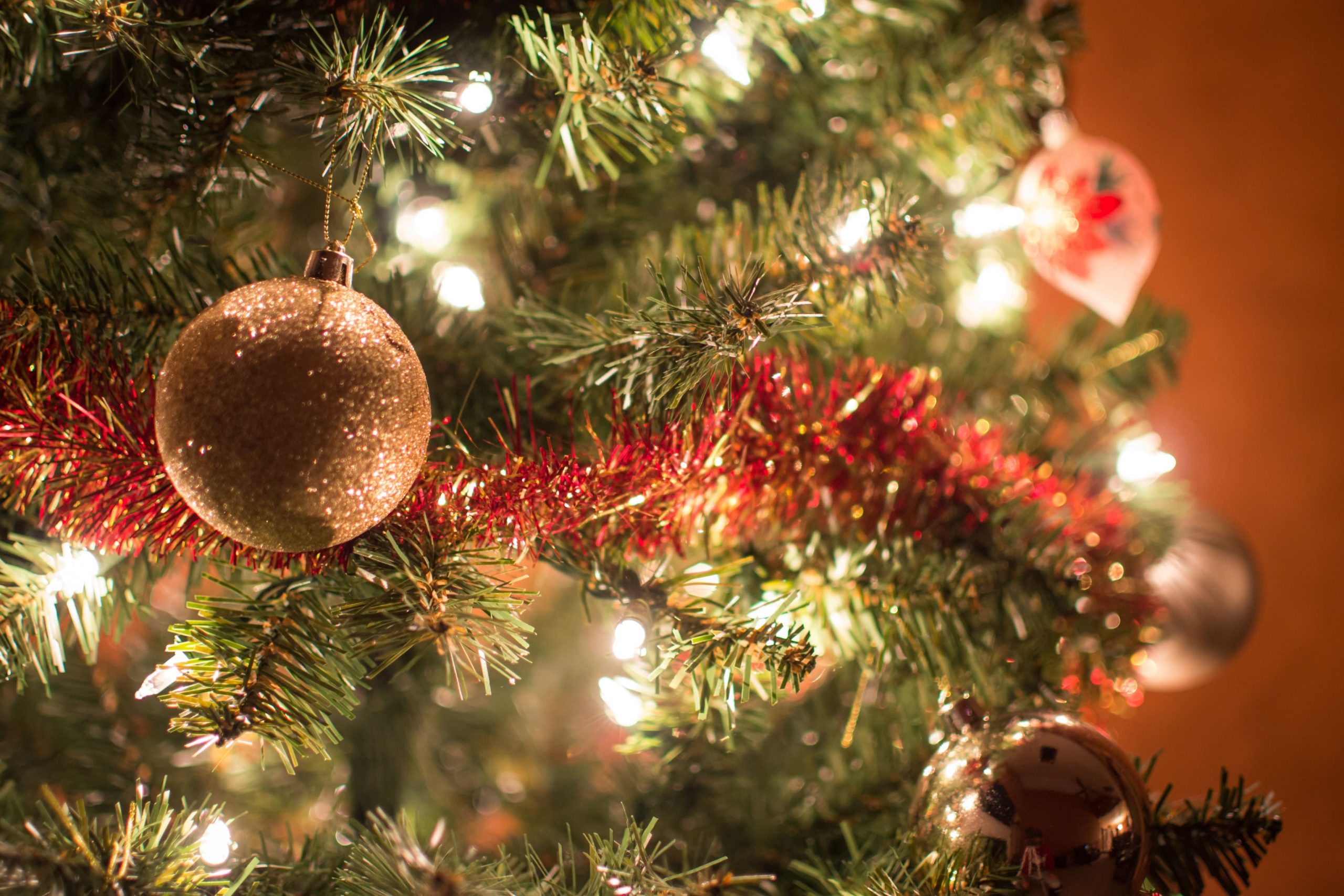 A Christmas tree with lights and decorations.