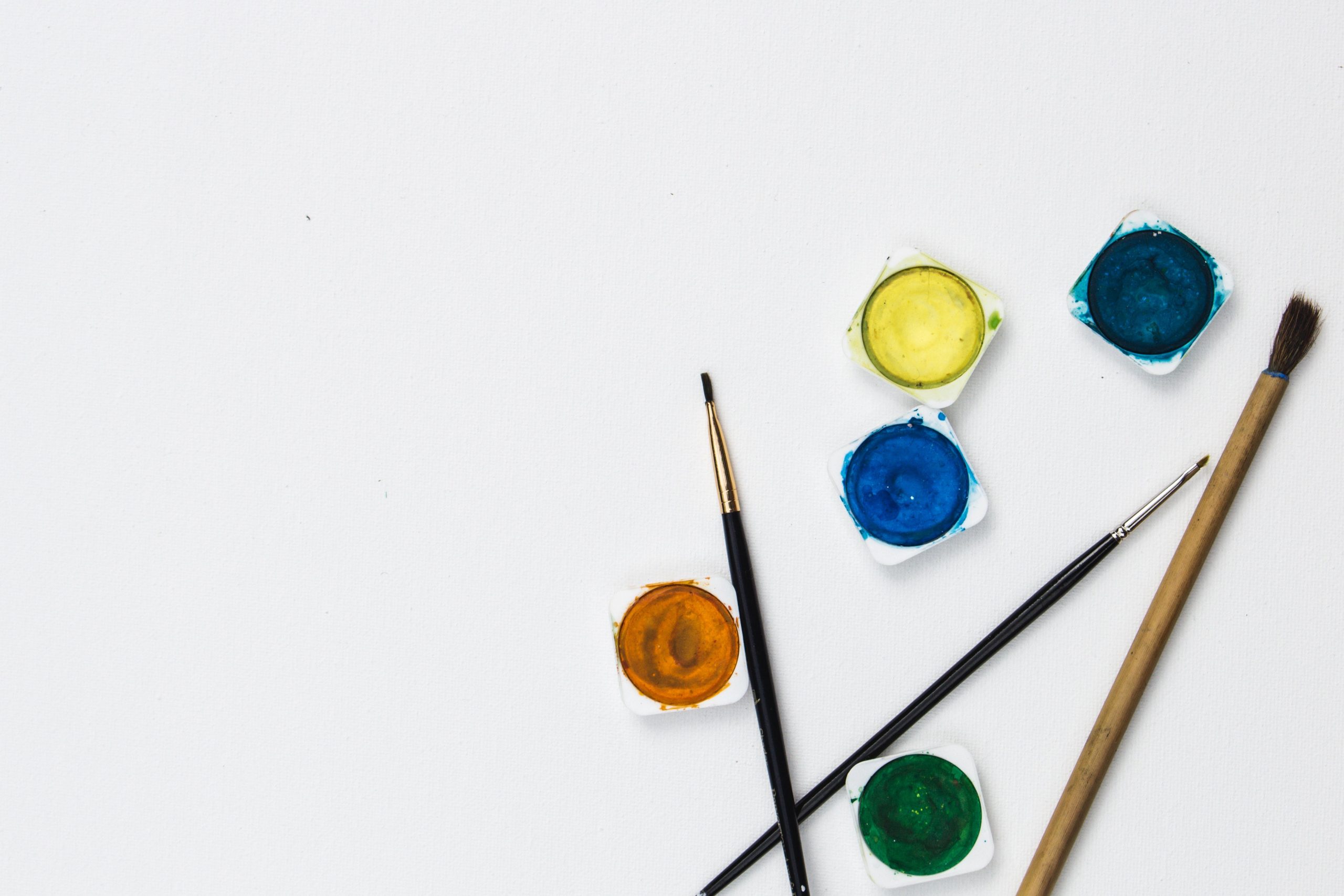 Paint brushes and different paint colors on a white background